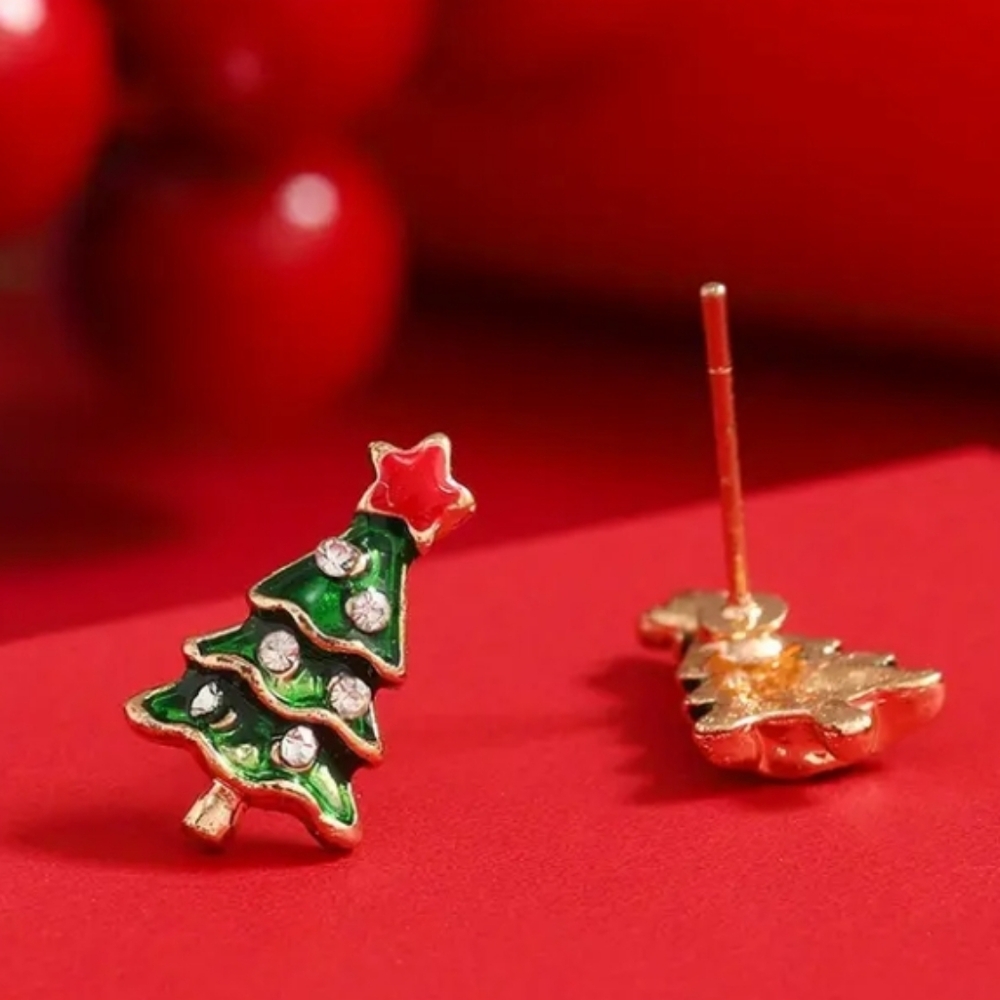 BOGO Festive 18 Kt Gold Plated Green Red Enamel Christmas Tree Stud Earrings - Picture 2 of 5